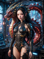 A Young Beautiful woman in a futuristic suit standing next to a futuristic dragon