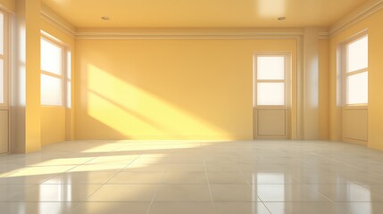 Obraz premium Yellow empty room with windows and tiled floor,