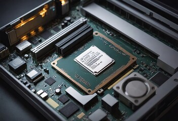 Fototapeta premium Modern CPU processor installed on a brand new motherboard, object detail, extreme closeup, nobody.