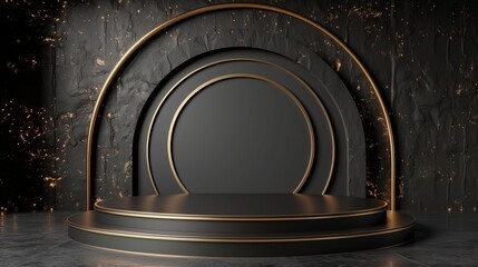 Podium stand for product display with golden curved decor on a black luxury stylish background.