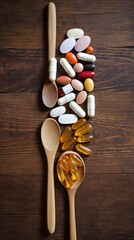 Various tablets, pills, capsules, Antibiotics, painkillers, Vitamins, dietary supplements, antimicrobials on wooden spoons. Pharmaceutical industry, Medicine, Healthcare concepts.