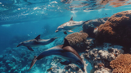 Dolphins are swimming under coral reefs in the ocean
