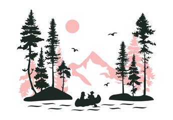 couple in a boat on a lake in the forest vector silhouette
