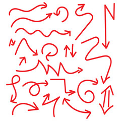 Doodle arrows. Hand drawn line pointers, pencil sketch elements, round curly wavy direction arrows. Vector linear black arrow set