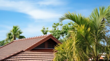 Fototapeta na wymiar Roof of house with palm trees on the background of blue sky
