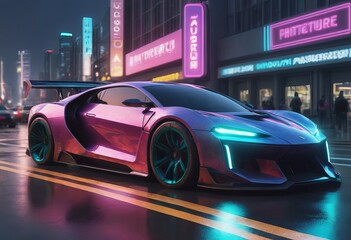 Tuned Sport Car , cyberpunk Retro Sports Car On Neon Highway. Powerful acceleration of a supercar...