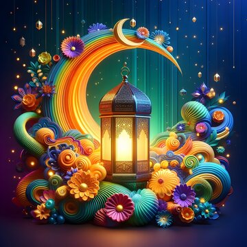 3d painting of Islamic lanterns Eid lamps  with the word Ramadan wallpaper