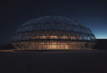 Obraz premium The conceptual banner of the Smart Home technology. Illustration of a glass house in blue tones on a dark evening