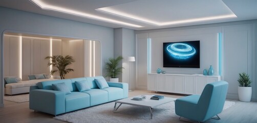 The interior of a bright room, light furniture with neon inserts, the concept of the future.