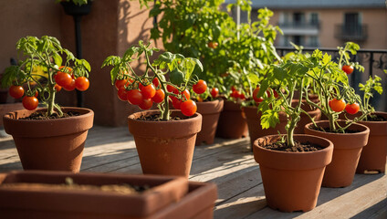 Fototapeta na wymiar Cherry tomatoes growing in pots on a sunny balcony in the city. generative AI