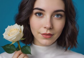 Fototapeta premium Portrait of a beautiful sensual woman with a white flower, looking tenderly at the camera on a light background. Spa concept, women's health, spa treatments and cosmetics