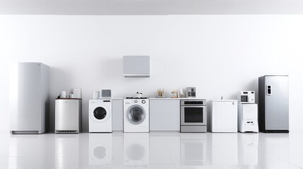 Modern household appliances in a white room. 3d rendering mock up