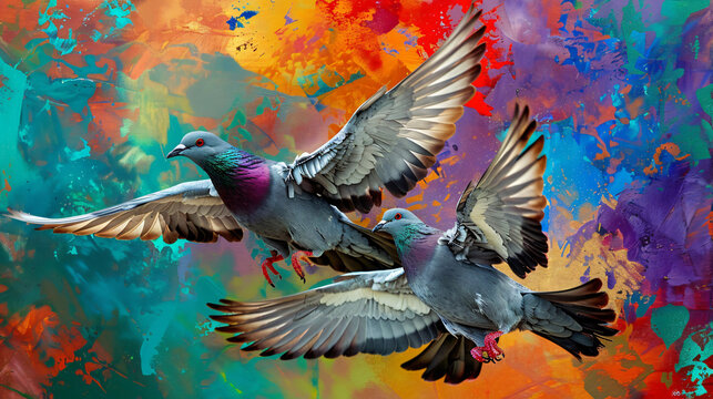 Dynamic photo of two pigeons in full flight with wings extended.