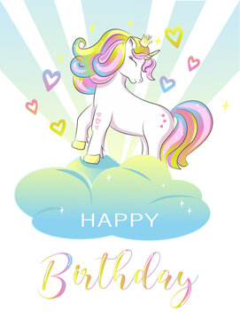 Birthday card for babies with cute rainbow unicorn on a cloud. Vector template with congratulatory text. 