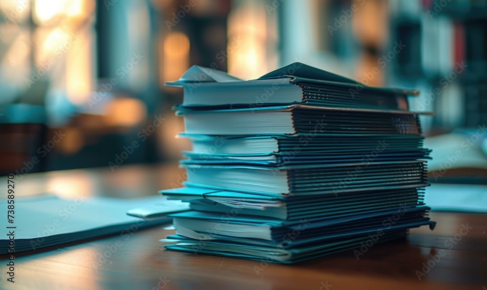 Poster stack of books on a table in a library. generative ai.