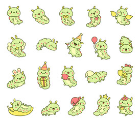 Obraz premium Cute kawaii caterpillar. Cartoon little insect characters. Hand drawn style. Vector drawing. Collection of design elements.