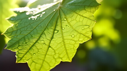 Obraz premium Macro view of dew drops on vibrant green leaves