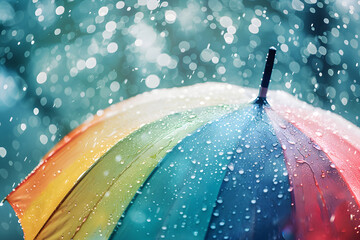 Colorful umbrella with rain drops. Monsoon season.