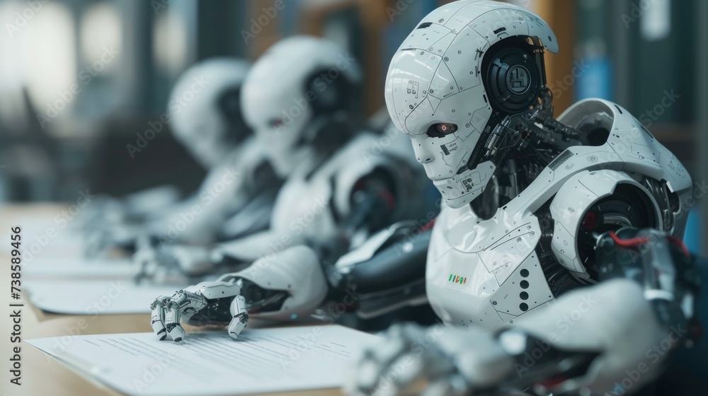 Poster robot writing papers on a desk. generative ai.