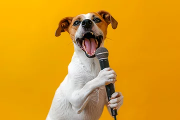  Funny cute dog sing a song and holding microphone isolated on pastel background. © Pacharee