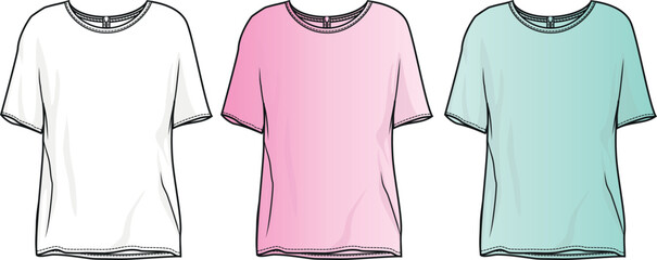 T-Shirt Design Vector Template Fashion Flat Sketch. Women's T Shirt Style