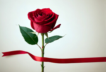 Red rose with a red satin ribbon on a romantic blurred background. greeting card