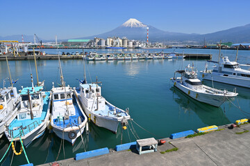  Fuji Mountain and Fisherman boats with Japan industry factory area background view from Tagonoura Fisheries Cooperative cafeteria, Fuji City, Shizuoka prefecture, Japan - 738589833