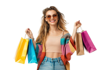 Cheerful happy woman enjoying shopping, isolated white background PNG