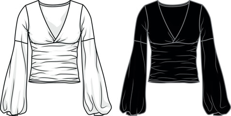 V neck women's top Design Vector Flat sketch, Technical Drawing. Black white and colorful blank design tshirt template. Women's fashion clothes design. Long sleeve blouse collection.
