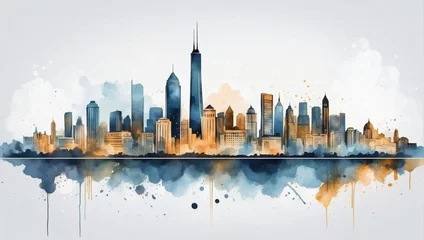Rollo Aquarellmalerei Wolkenkratzer City skyline vector. Minimal urban art with watercolor brush and golden line art texture. Abstract art wallpaper for prints, Art Decoration, wall arts, and canvas prints. 