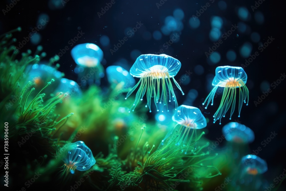 Poster a group of jellyfishs floating in the water. generative ai.