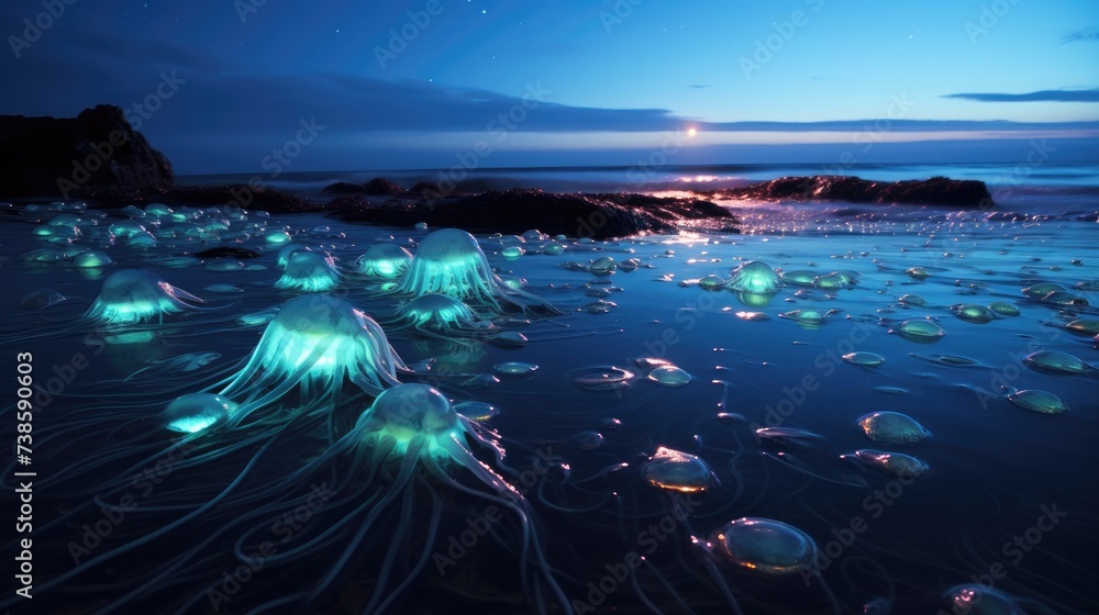 Poster a group of jellyfish floating on top of a beach. generative ai.