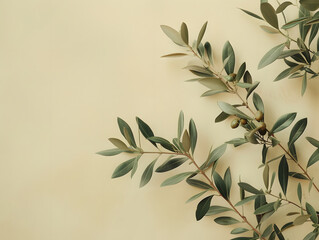 Fototapeta na wymiar A branch of an olive tree with green leaves and olives against a beige background.