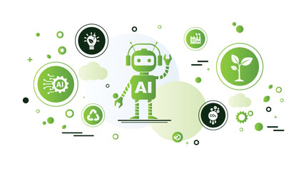 The Concept of AI, Artificial Intelligence and Green Technology For Sustainability Development. Ecology Icons, Environment Vector, Eco Friendly and Green Economy. Flat Doodle Template Design. - obrazy, fototapety, plakaty