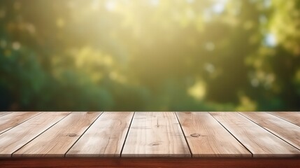 Wooden table top on blur green nature background