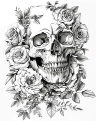 Human skull with flowers. Black and white illustration. Illustration for design of tattoos, stickers, posters, drawing books.