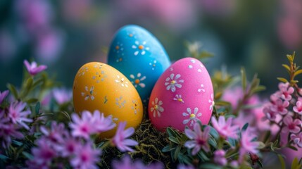 Fototapeta na wymiar Serene Easter Morning with Decorative Eggs Amidst Spring Florals
