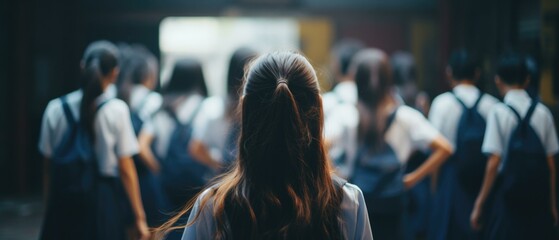 A girl with long hair standing in front of a group of school girls. Generative AI.