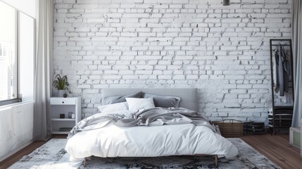 Contemporary Bedroom with White Brick Wall AI Generated.