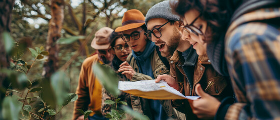 Group of friends exploring a forest with a map. Outdoor photography with focus on adventure and teamwork. Nature and hiking concept