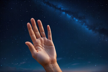The palm of a man against the background of the starry sky.