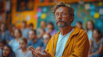 Obraz premium A middle-aged teacher in a school classroom teaching students. American style of teaching. Friendly atmosphere