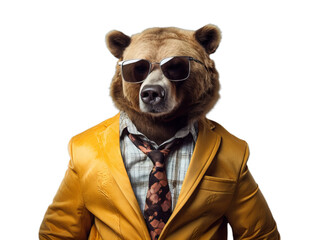 Cool bear in the sunglasses and suit on the transparent background