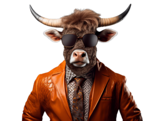 Cool bull in the sunglasses and suit on the transparent background