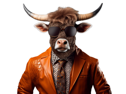 Cool bull in the sunglasses and suit on the transparent background