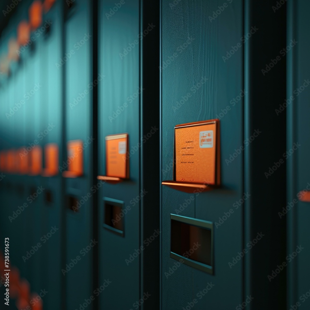 Poster a row of lockers with orange tags on them. generative ai.
