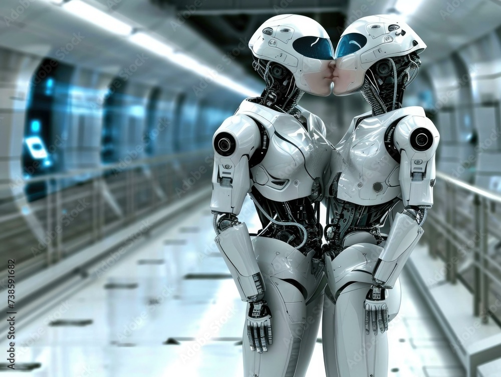 Poster two robots kiss in a tunnel. generative ai.