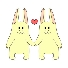 Two rabbits holding hands. Vector illustration for Valentine's Day or Easter