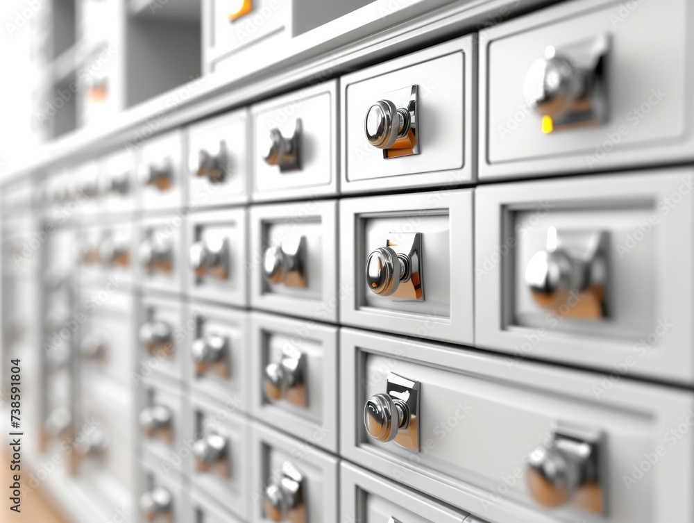 Poster a row of drawers with many different knobs. generative ai.