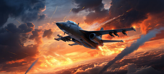 a black fighter plane is flying in the sky ,flying splashes fire.
